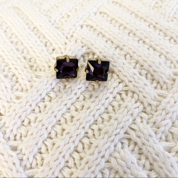 Jewelry - Gold Tone and Purple Square Stone Stud Earrings